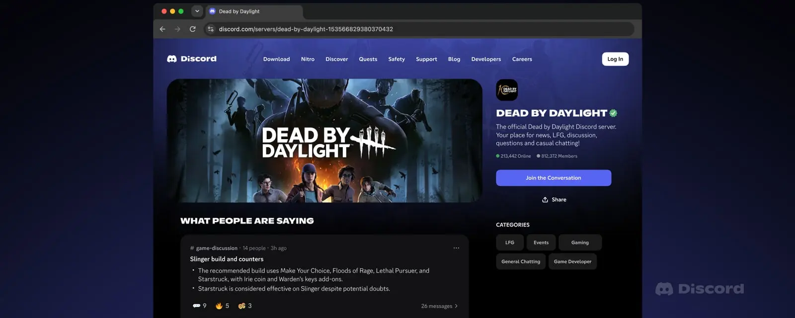 پەڕەی وێبی سێرڤەرێکی Discord بە بەشی «ئەوەی خەڵک دەیڵێن»